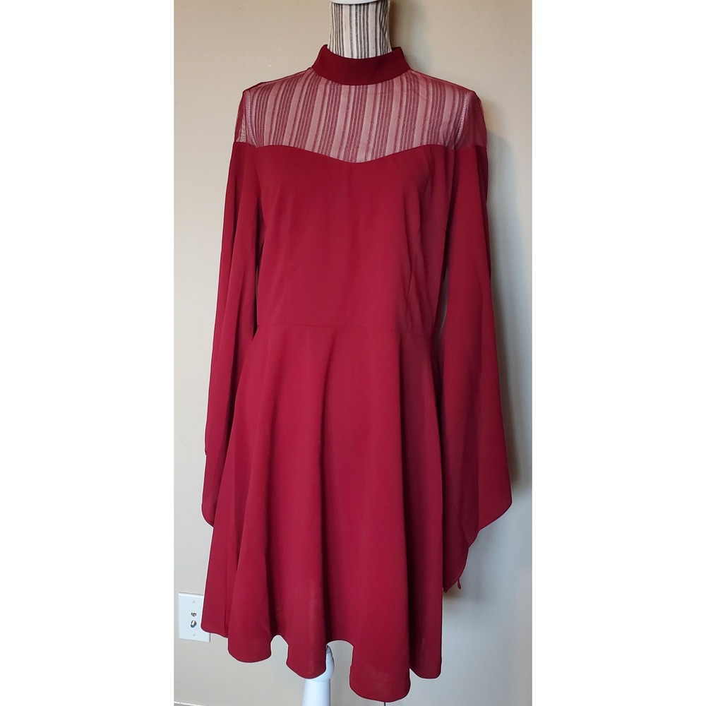 Red Mock Neck Mesh Illusion Bell Sleeve Fit & Flare Dress Plus Size 2XL Goth